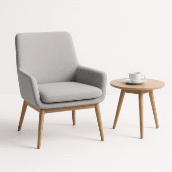 Minimalist Grey Armchair with Wooden Side Table